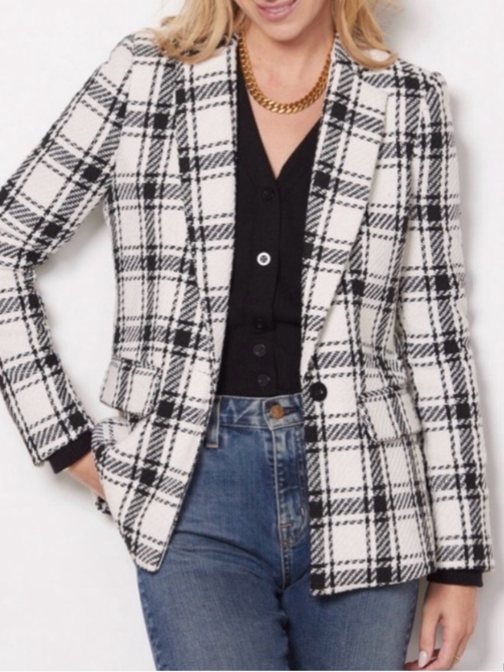 Evereve Kennedy Black White Plaid Tweed Lined One Button Blazer Jacket XS
